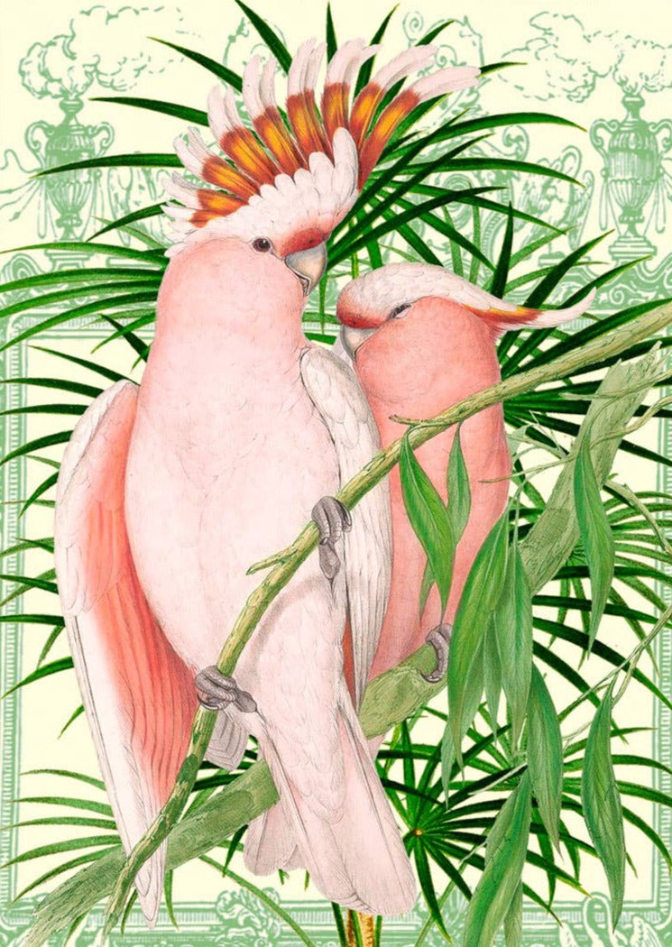 two pink parrots on a leafy stem card
