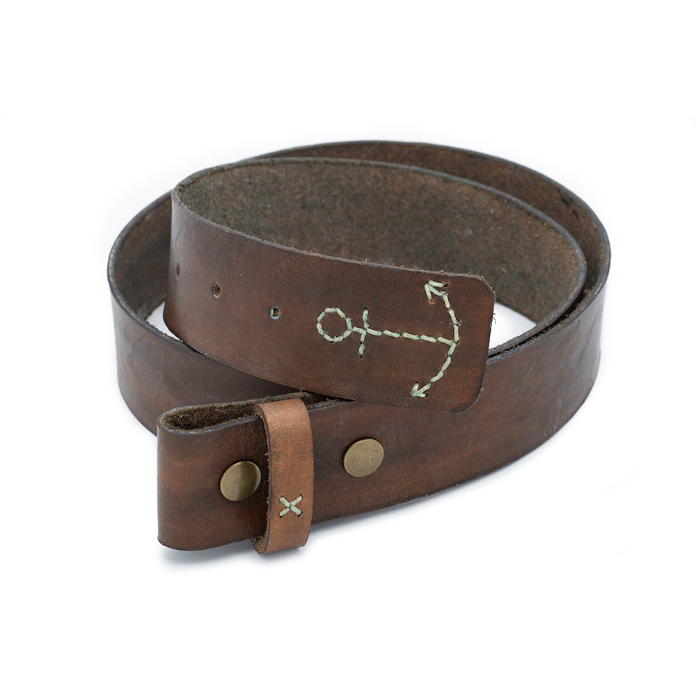 hand made leather belt in coffee color with hand stiitched anchor detail