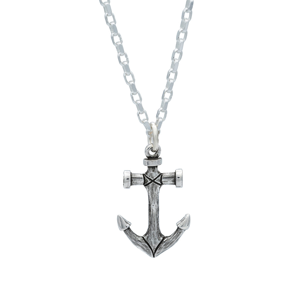 old salt silver anchor chain pendant with weathered wood look on silver chain