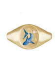 18k signet ring with hand painted enamel shark, hand engraved anchor and diamond ring