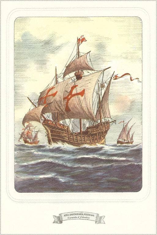 caravels nina, pinta, and santa maria sailing card