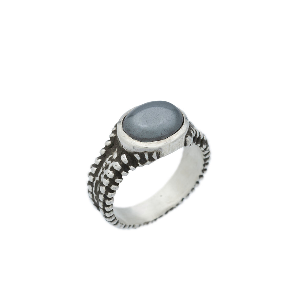 silver ring from starfish detail with oval hematite stone