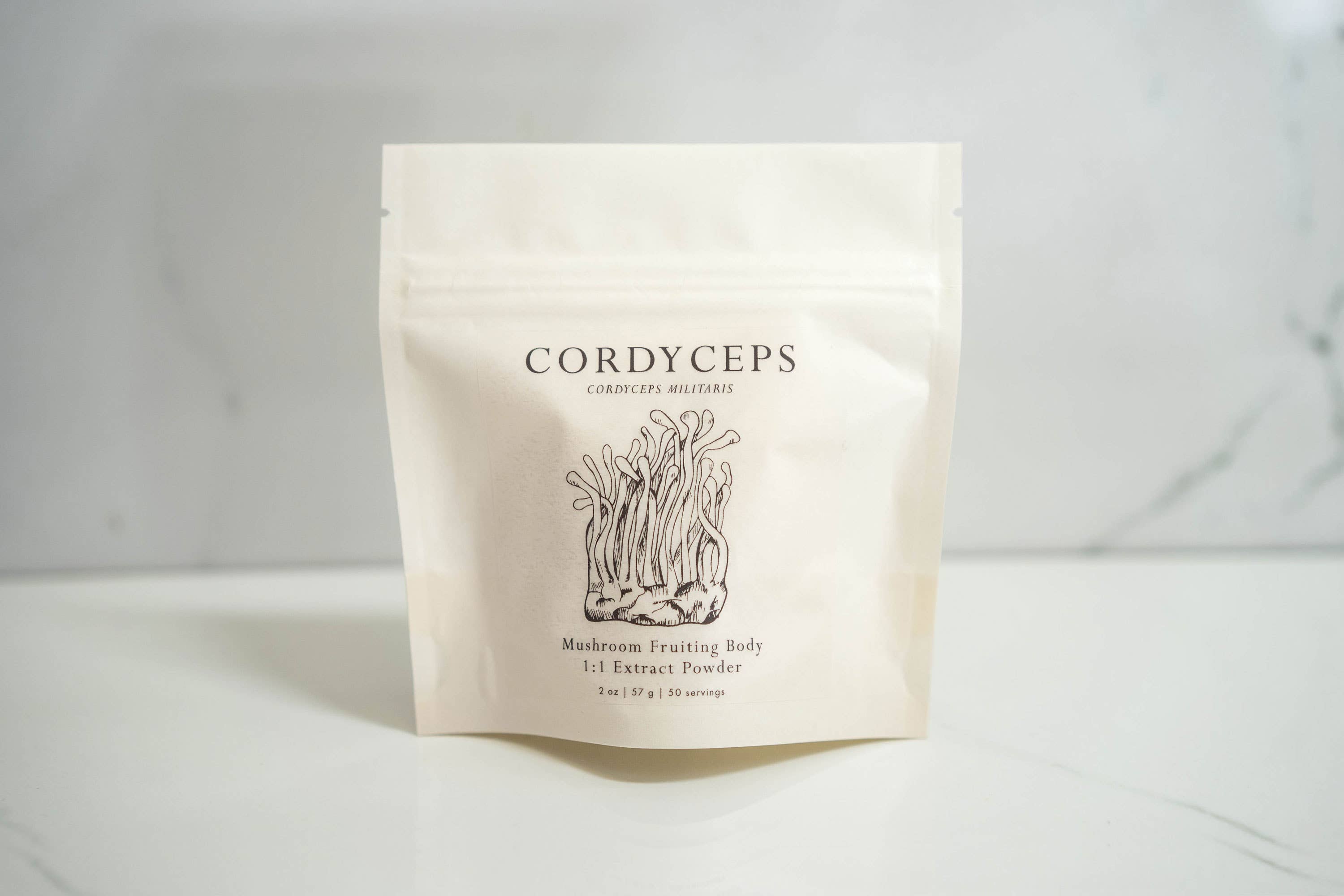 cordyceps mushroom illustration on bag of powdered mushroom