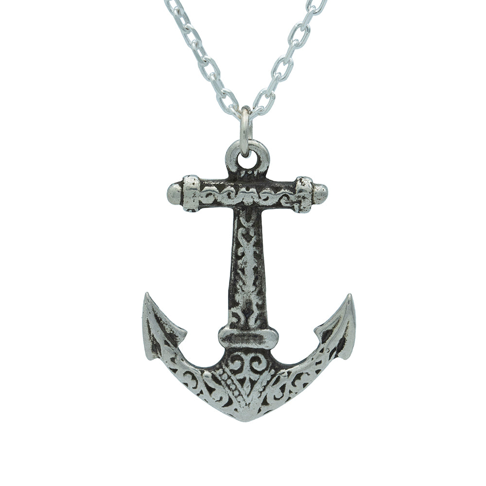 Silver anchor pendant necklace on a white background