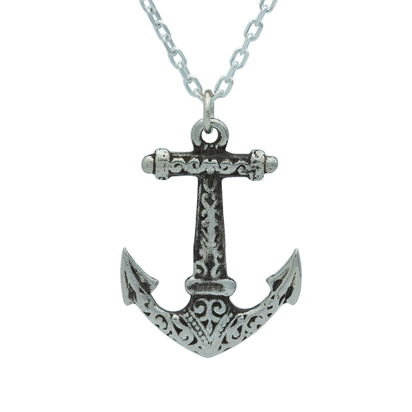 Silver anchor pendant necklace on a white background
