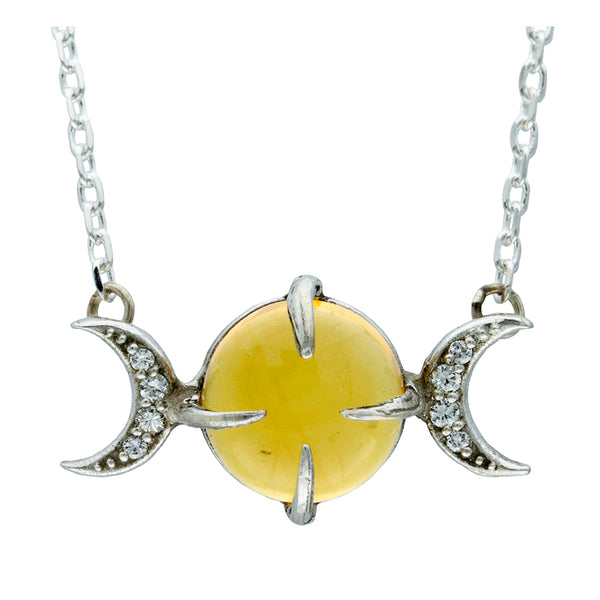 necklace with crescent moons holding diamonds and full moon represented by a citrine cabachon center stone