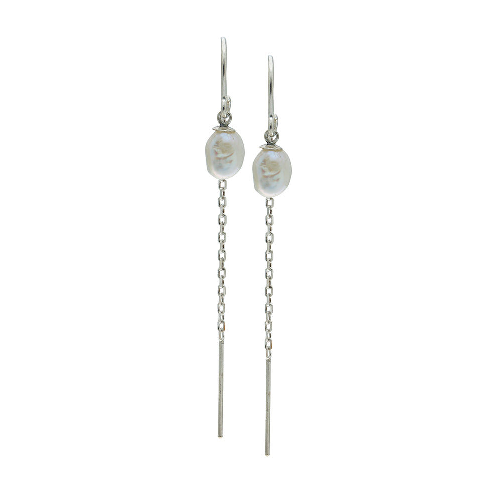 Pair of keishi pearls on silver earrings with chain drops on a white background