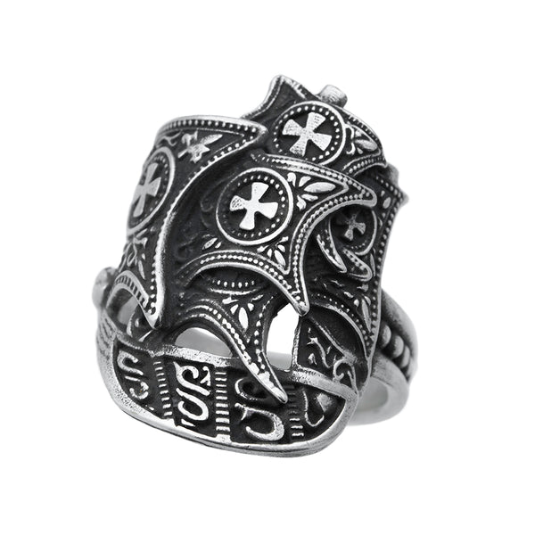 Side of silver ring featuring intricately detailed Spanish galleon ship with cross motifs