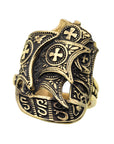 10K yellow gold spanish galleon ring shot at an angle showing intricate detail