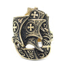 Top of gold ring featuring intricately detailed Spanish galleon ship with cross motifs