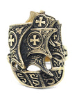 front angel shot of spanish galleon ring in 10K yellow gold showing antique contrast detail