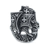 Top of silver ring featuring intricately detailed Spanish galleon ship with cross motifs