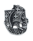 silver ship ring with damascene silver and oxidized detail