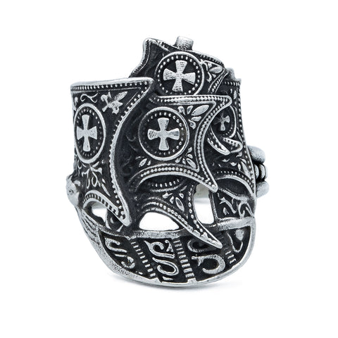 Top of silver ring featuring intricately detailed Spanish galleon ship with cross motifs