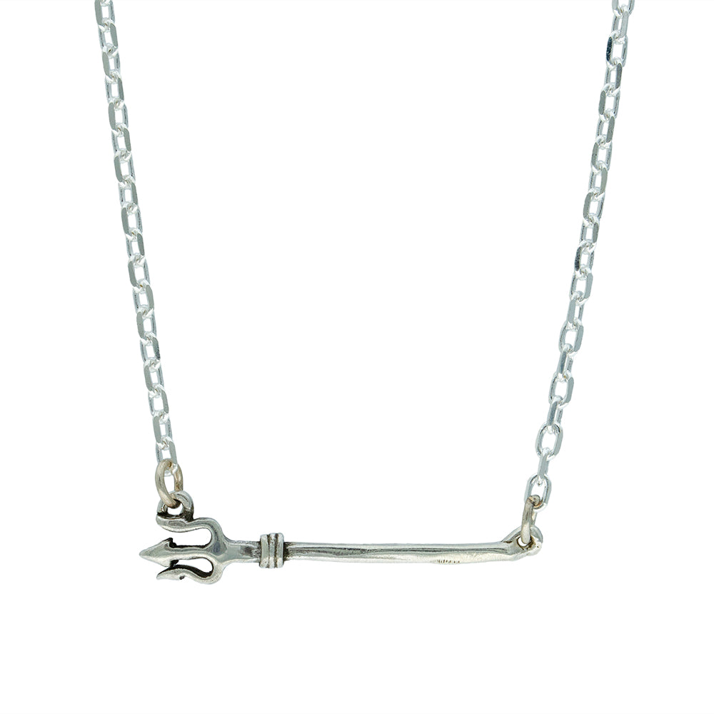 Silver necklace with a trident feature on a white background