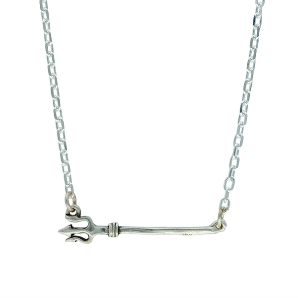 Silver necklace with a trident feature on a white background
