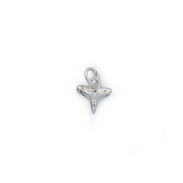 A tiny silver shark tooth charm hanging from a silver ring.