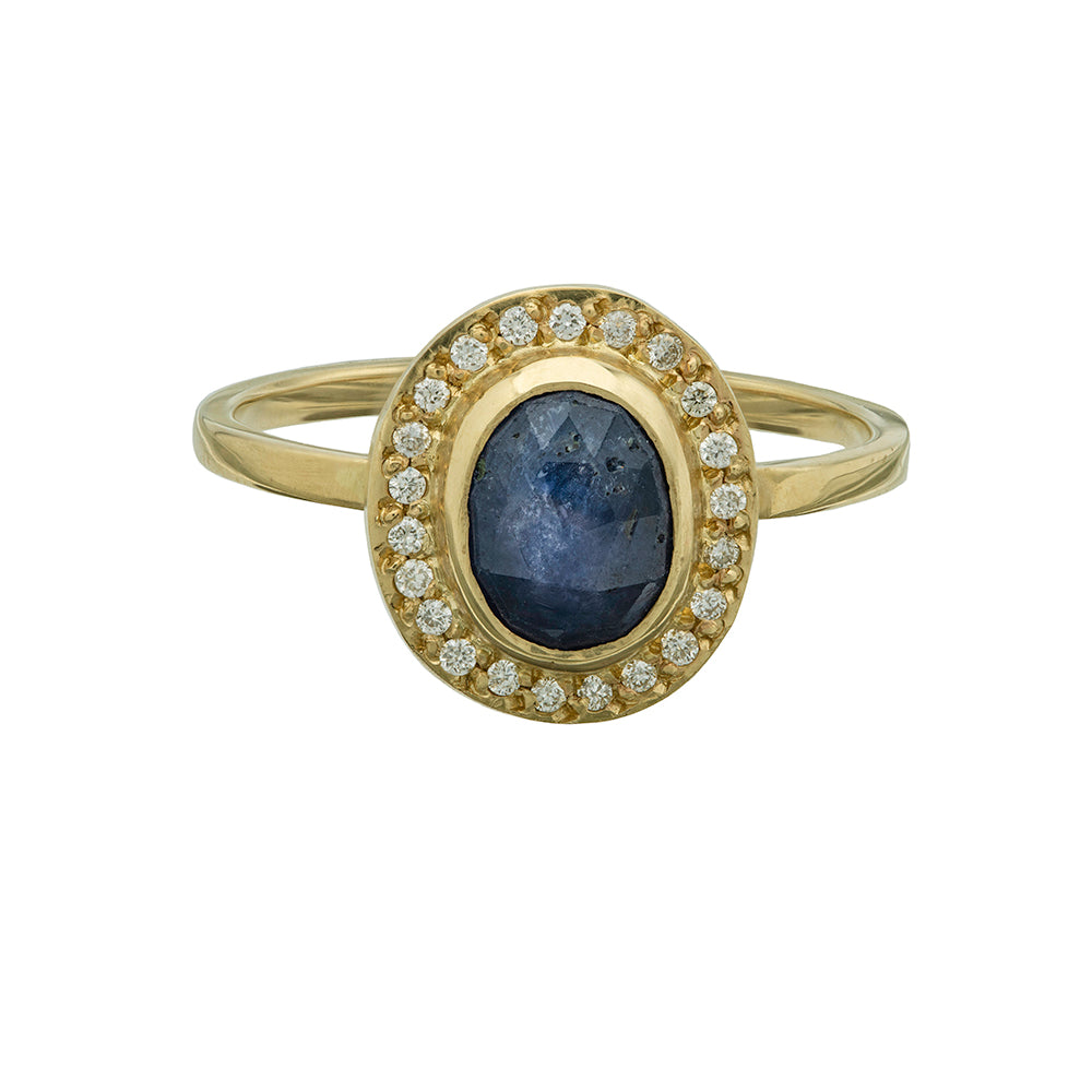 18k gold ring with rose cut blue sapphire and halo of diamonds