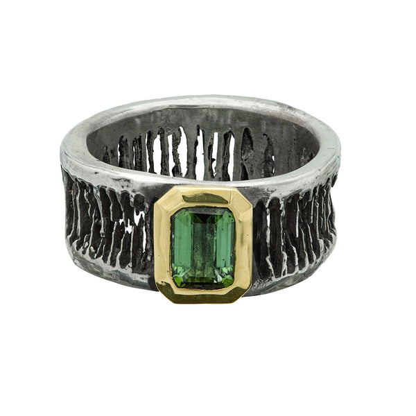 silver shark vertebrae ring with gold framed tourmaline