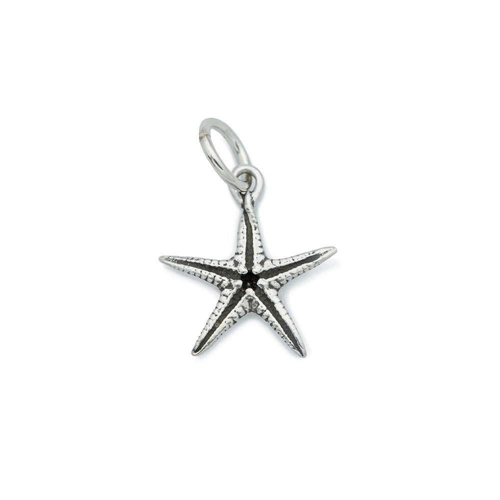 A silver starfish charm hanging from a silver jump ring.