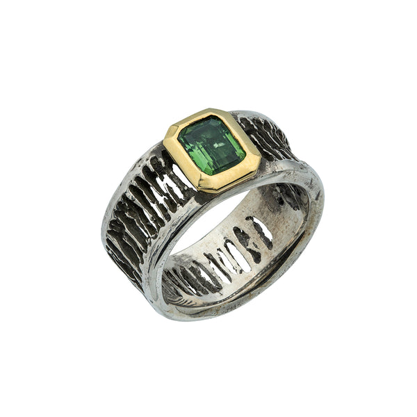 silver shark vertebrae band ring with gold framed tourmaline stone