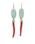 chrysoprase rose cut cabachon earrings with capped red coral dangles