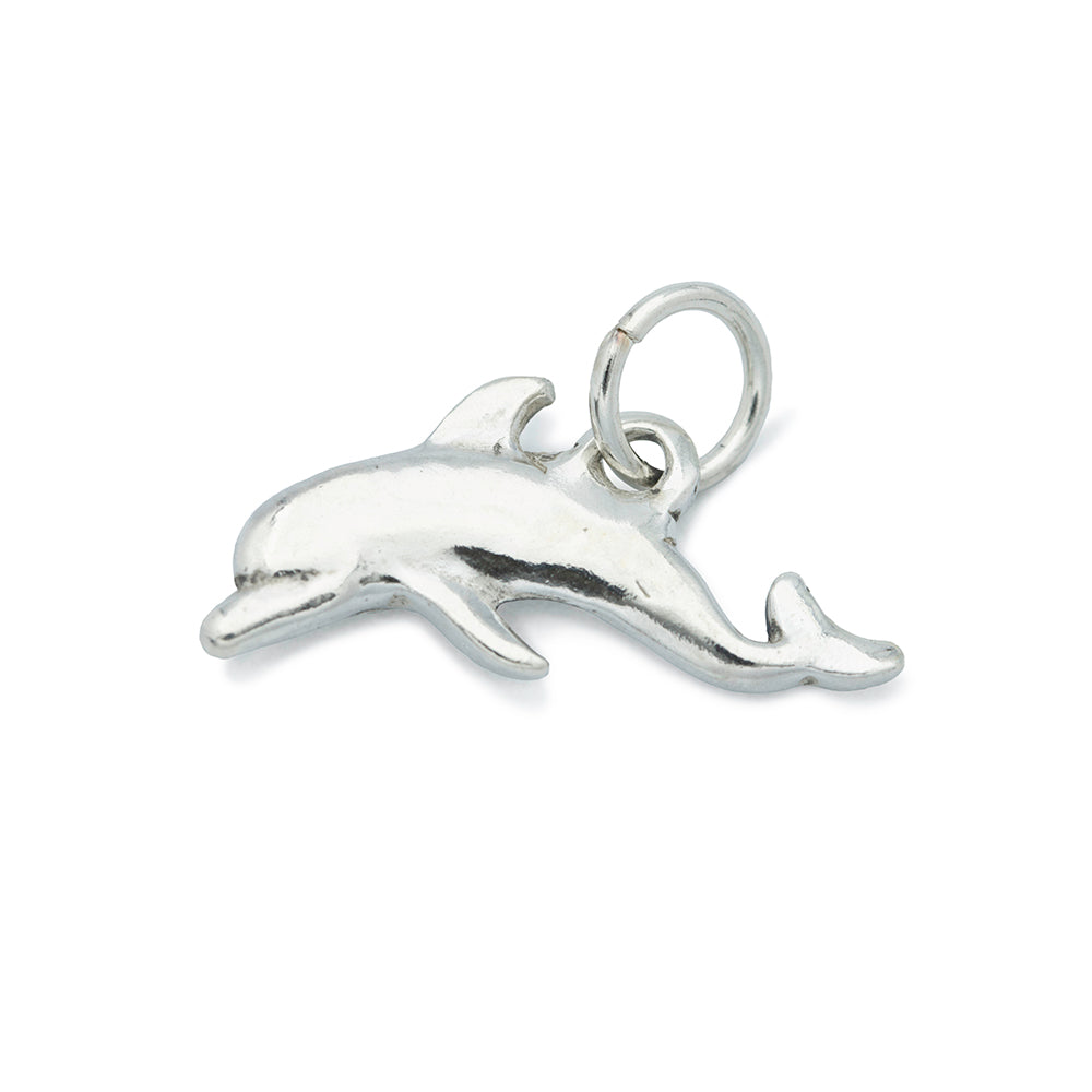 A silver dolphin swimming to the left with a silver jump ring.