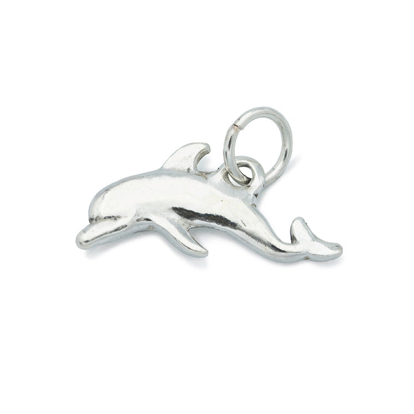 A silver dolphin swimming to the left with a silver jump ring.