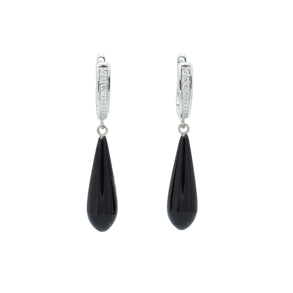 white gold diamond set lever back earrings with black coral drops