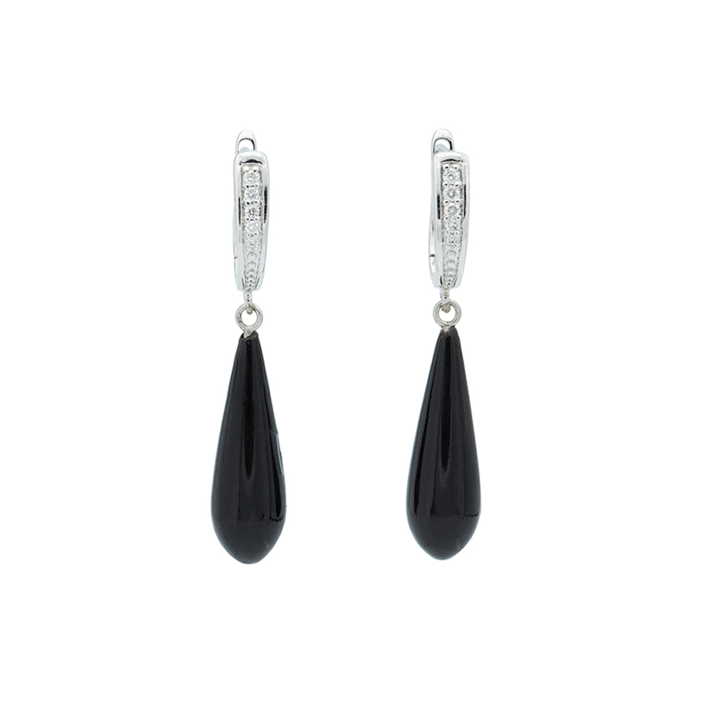 Pair of white gold diamond set lever back earrings with black coral drops