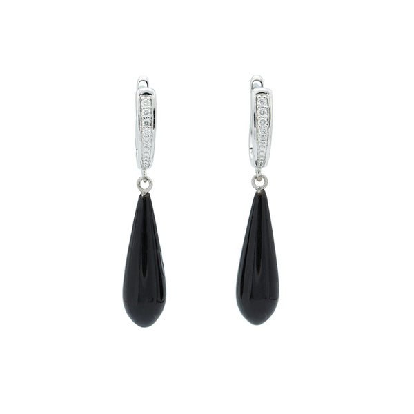 Pair of white gold diamond set lever back earrings with black coral drops