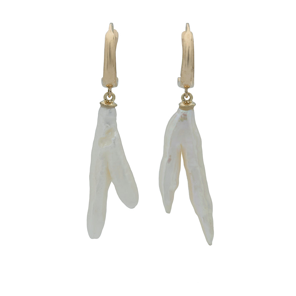 bifurcated stick pearl earrings with 14K gold lever back tops