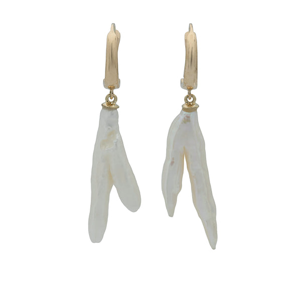 Pair of bifurcated stick pearl earrings with 14K gold lever back tops