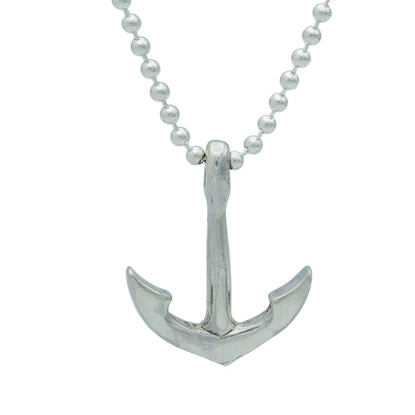 Silver anchor pendant on a beaded chain against a white background