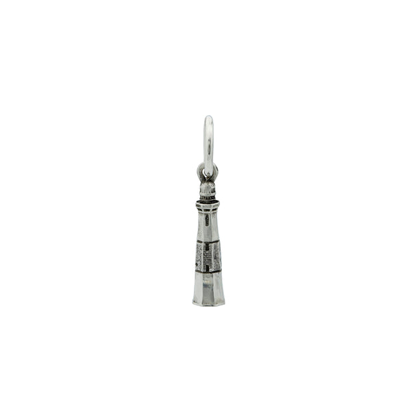 A miniature silver Montauk Lighthouse charm with a darkened day stripe detail in the center hanging from a silver jump ring.
