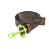 A fluorescent yellow anchor belt buckle on a brown leather belt with anchor stitched detail.