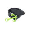 A fluorescent yellow anchor belt buckle on a coiled black leather belt with stamped detail.