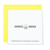 The back of a square card with company logo in black and white and contact and credits.