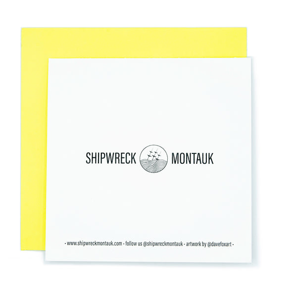 The back of a square card with company logo in black and white and contact and credits.