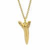 A Gold tooth-shaped pendant on a chain against a white background