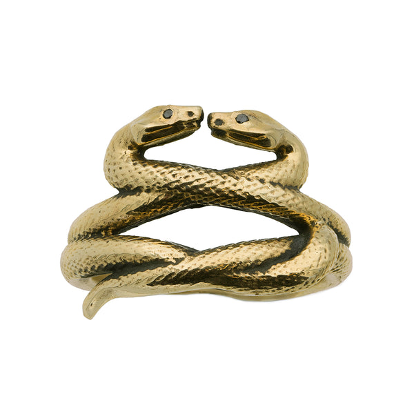 Gold snake-shaped ring on a white background