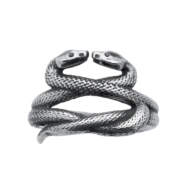 intertwined serpents in silver with black diamond eyes on a white background