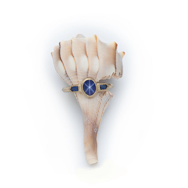 A Conch shell with a gold ring set with an oval star sapphire on a white background.
