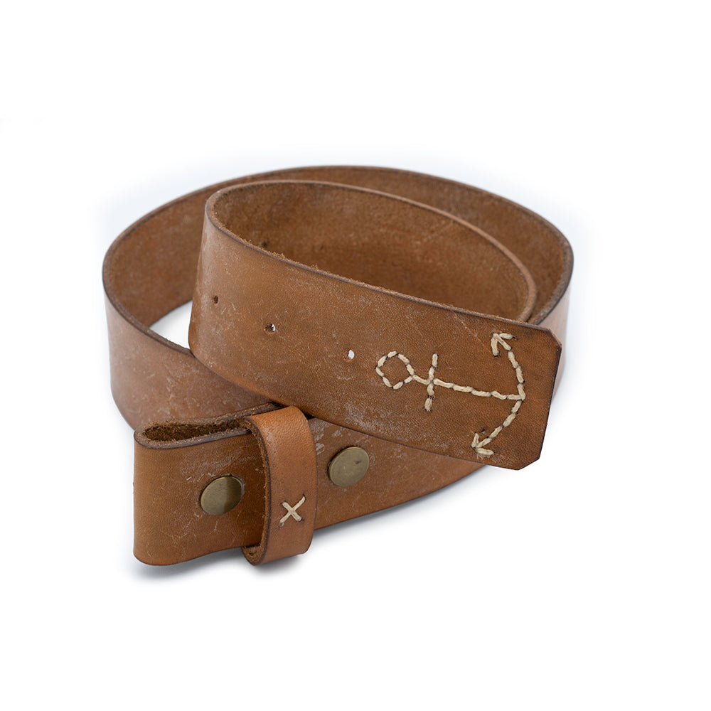 hand made leather belt with hand stitched anchor detail in tan color