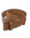 hand made leather belt with hand stitched anchor detail in tan color