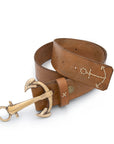 bronze anchor belt buckle on hand made leather belt with anchor stitching detail