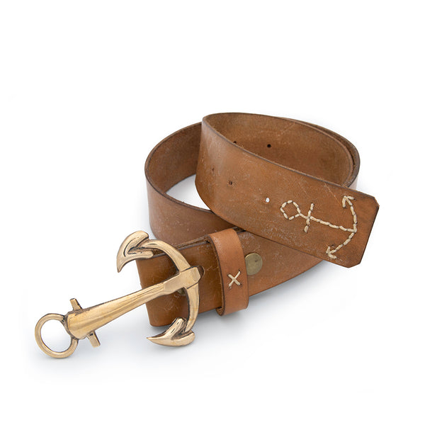 A bronze anchor belt buckle on hand made leather belt with anchor stitching detail.