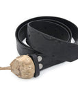 bronze horse shoe crab belt buckle on hand stamped leather belt