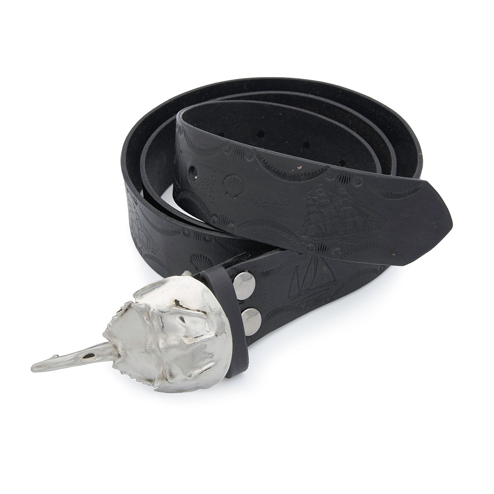 silver horse shoe crab belt buckle on hand stamped leather belt