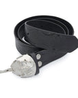 silver horse shoe crab belt buckle on hand stamped leather belt